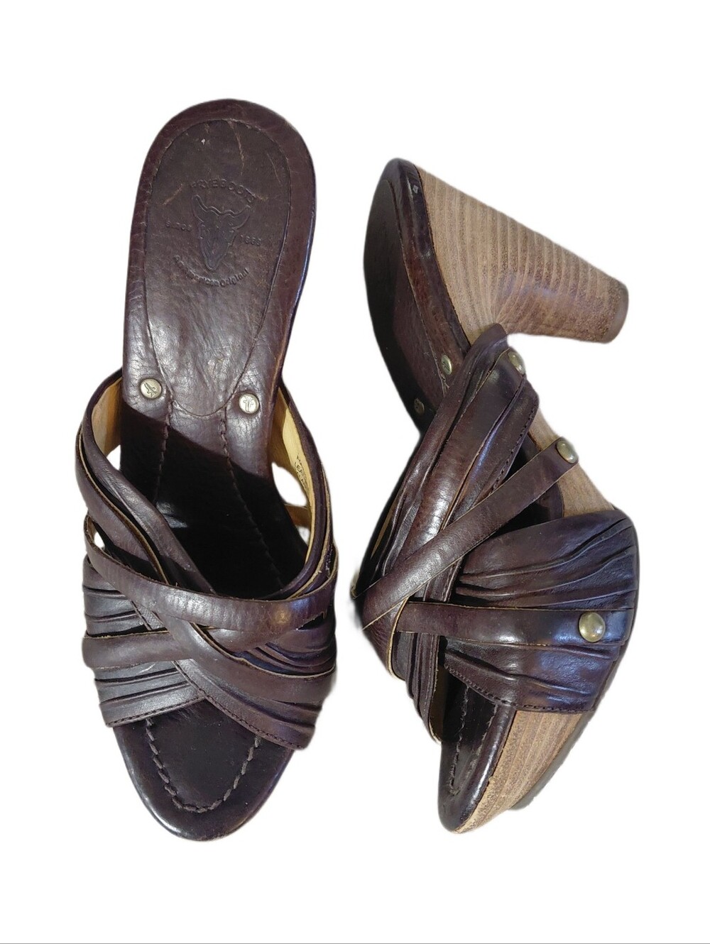 Frye Strappy Dark Brown Leather Knot Heeled Mule Sandals Size 7.5